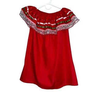 Mexican Red Off-Shoulder Dress W/ Lace & Ribbon Details For Girls